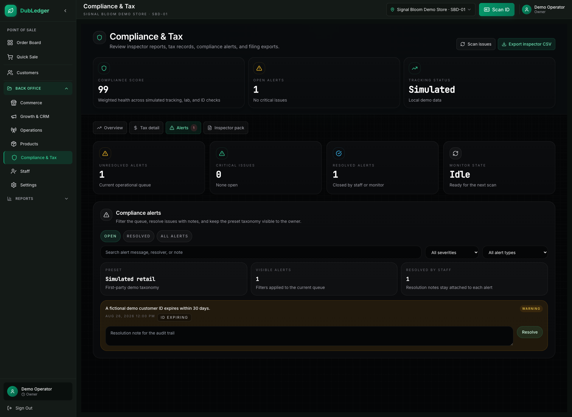 DubLedger compliance dashboard interface